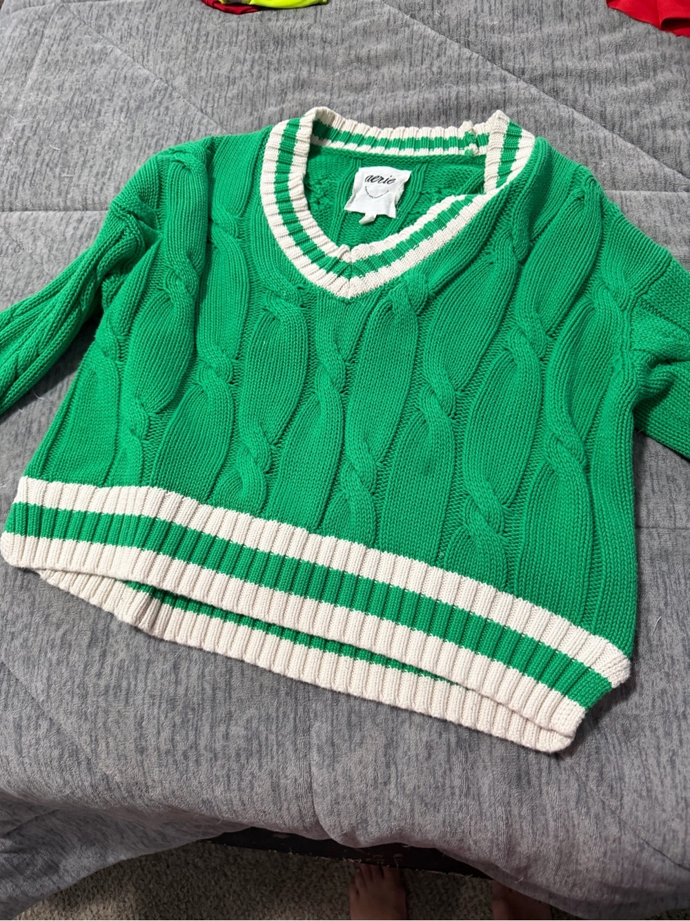 aerie Green Cable-Knit V-Neck Sweater with Cream Stripes